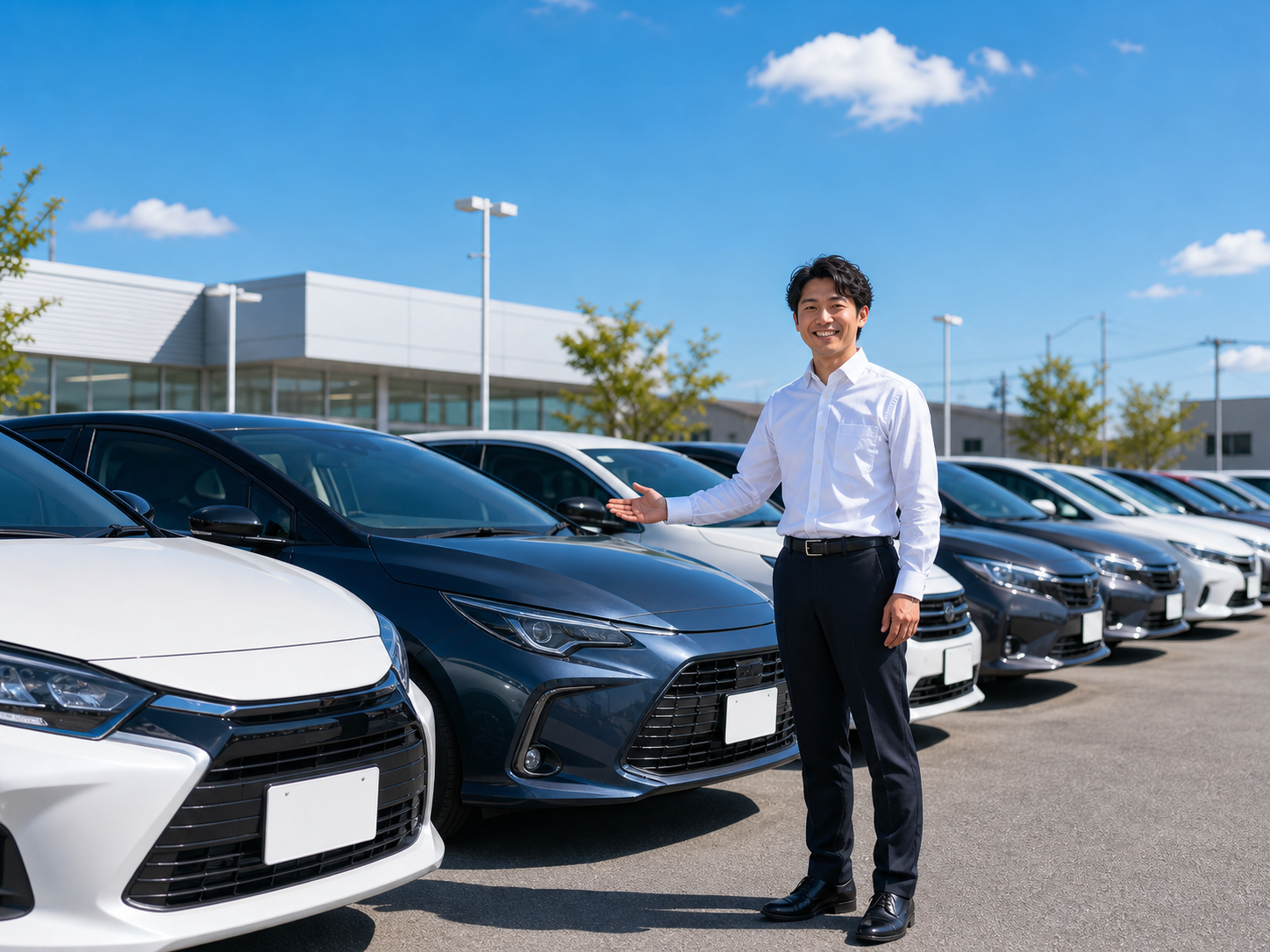 自動車展示場で車をご案内する爽やかなスタッフのイメージ